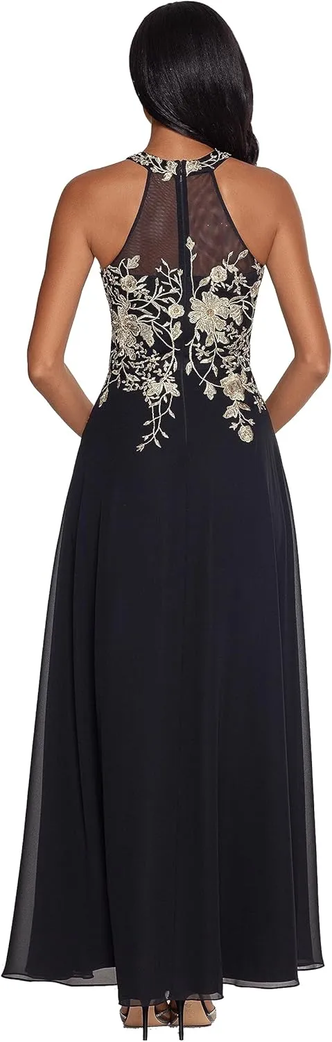 Betsy & Adam Women's Long Embroidered Halter Chiffon Gown