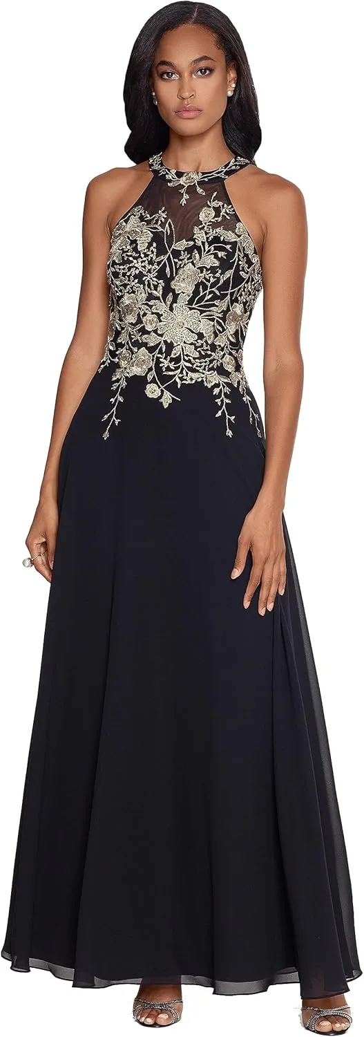 Betsy & Adam Women's Long Embroidered Halter Chiffon Gown