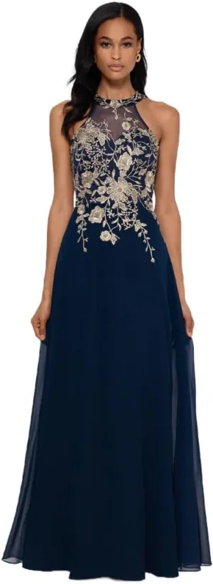 Betsy & Adam Women's Long Embroidered Halter Chiffon Gown