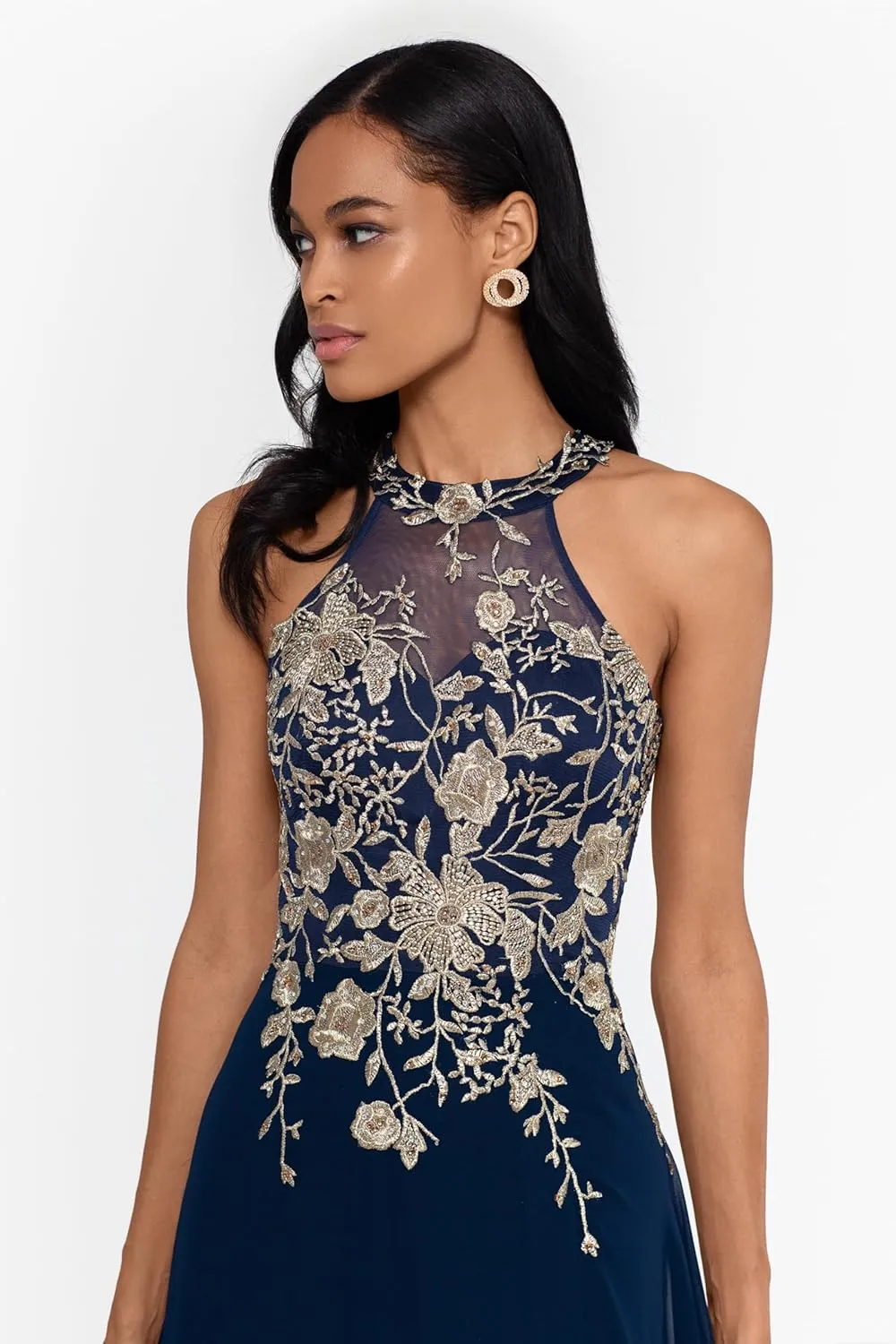 Betsy & Adam Women's Long Embroidered Halter Chiffon Gown