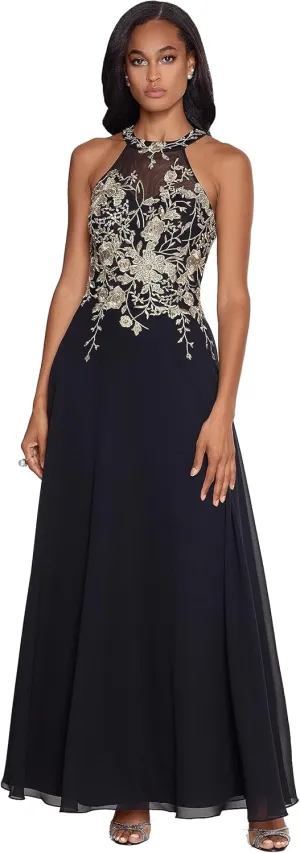 Betsy & Adam Women's Long Embroidered Halter Chiffon Gown