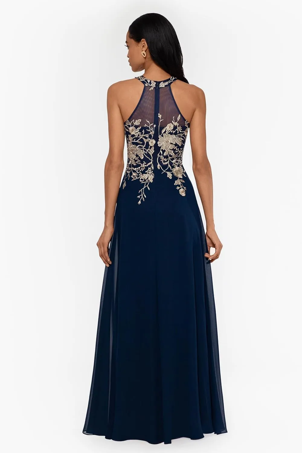 Betsy & Adam Women's Long Embroidered Halter Chiffon Gown