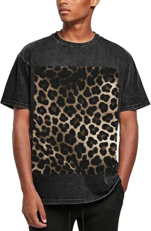 Black Leopard Print Mens Oversized T Shirts Vintage Cotton Short Sleeves Casual Summer Tee Washed Unisex Tops