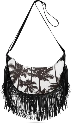Black Palm Trees White Fringe Bag for Women Cross Body Bag Tassel Shoulder Bag Satchel