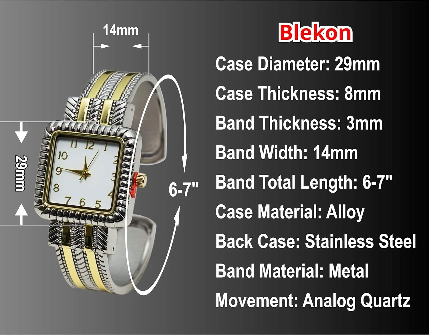 Blekon Collection Analog Quartz Women's 29mm Square Case Western Style Metal Cuff Bangle Watch
