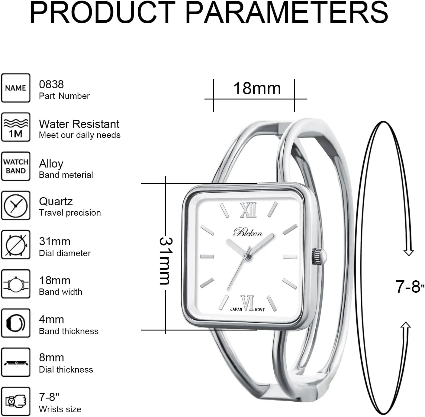 Blekon Collections Womens 30mm Square Elegant Metal Cuff Bangle Fashion Watch