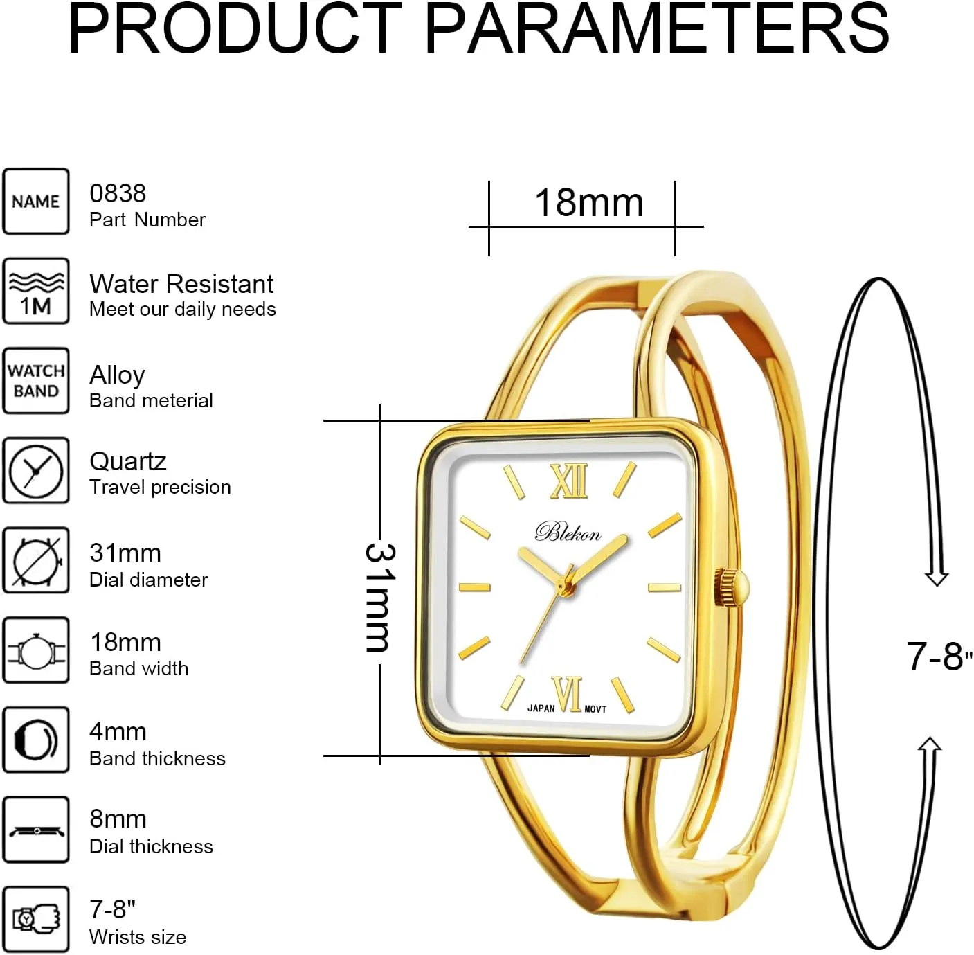 Blekon Collections Womens 30mm Square Elegant Metal Cuff Bangle Fashion Watch