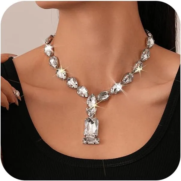 Bling Rhinestone Choker Y Necklace for Women Exaggerated Sparkly Geometric Crystal Pendant Necklaces Trendy Silver Prom Costume Statement Jewelry Gifts