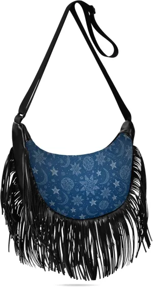 Blue Abstract Sun Moon Fringe Bag for Women Cross Body Bag Tassel Shoulder Bag Satchel