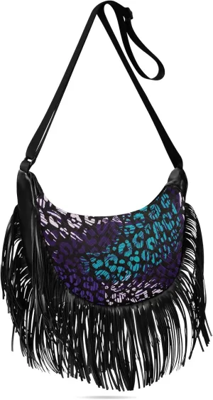 Blue Purple Leopard Print Fringe Bag for Women Cross Body Bag Tassel Shoulder Bag Satchel