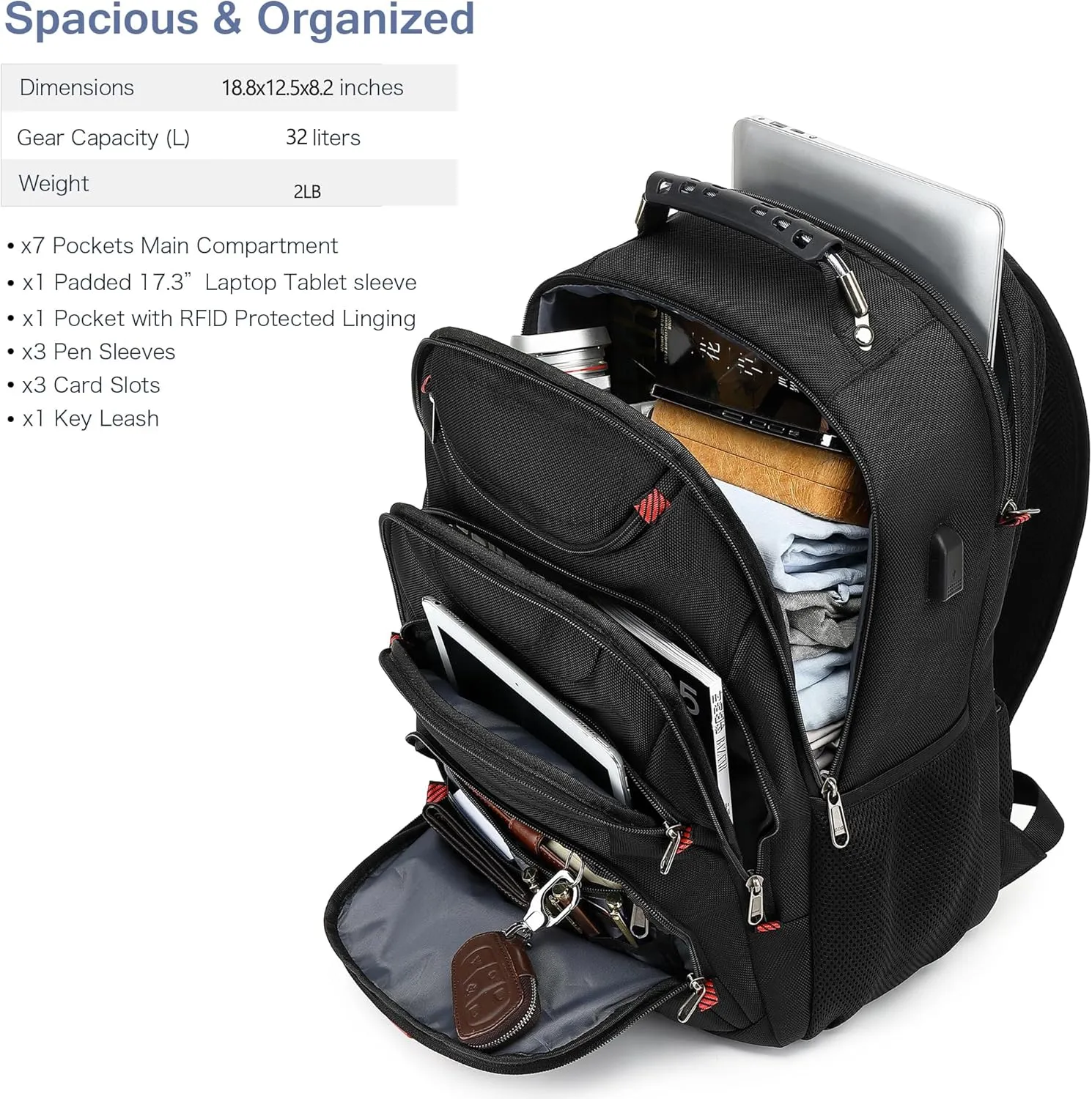 Boavan Laptop Backpack for men, 17.3 inch Laptop Bag with USB Port, Waterproof Travel Work Backpack Purse, Anti-Theft Teacher Nurse Doctor Casual Bookbags Office Business backpack Black
