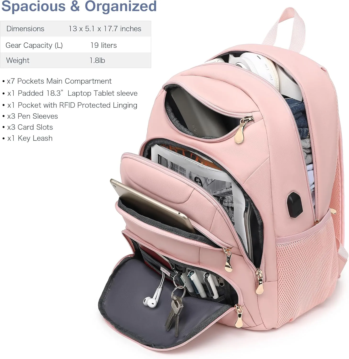 Boavan Laptop Backpack for women, 15.6 inch Laptop Bag with USB Port, Waterproof Travel Work Backpack Purse, Anti-Theft Teacher Nurse Doctor Casual Bookbags Office Business backpackPink