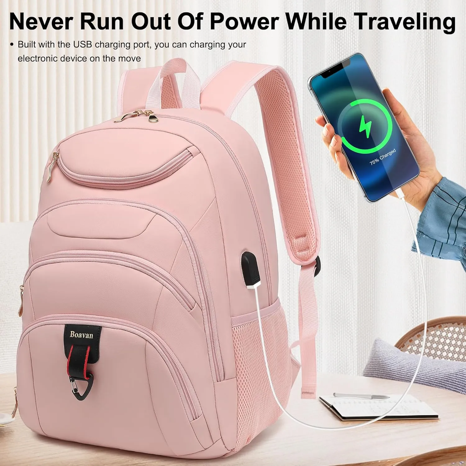 Boavan Laptop Backpack for women, 15.6 inch Laptop Bag with USB Port, Waterproof Travel Work Backpack Purse, Anti-Theft Teacher Nurse Doctor Casual Bookbags Office Business backpackPink