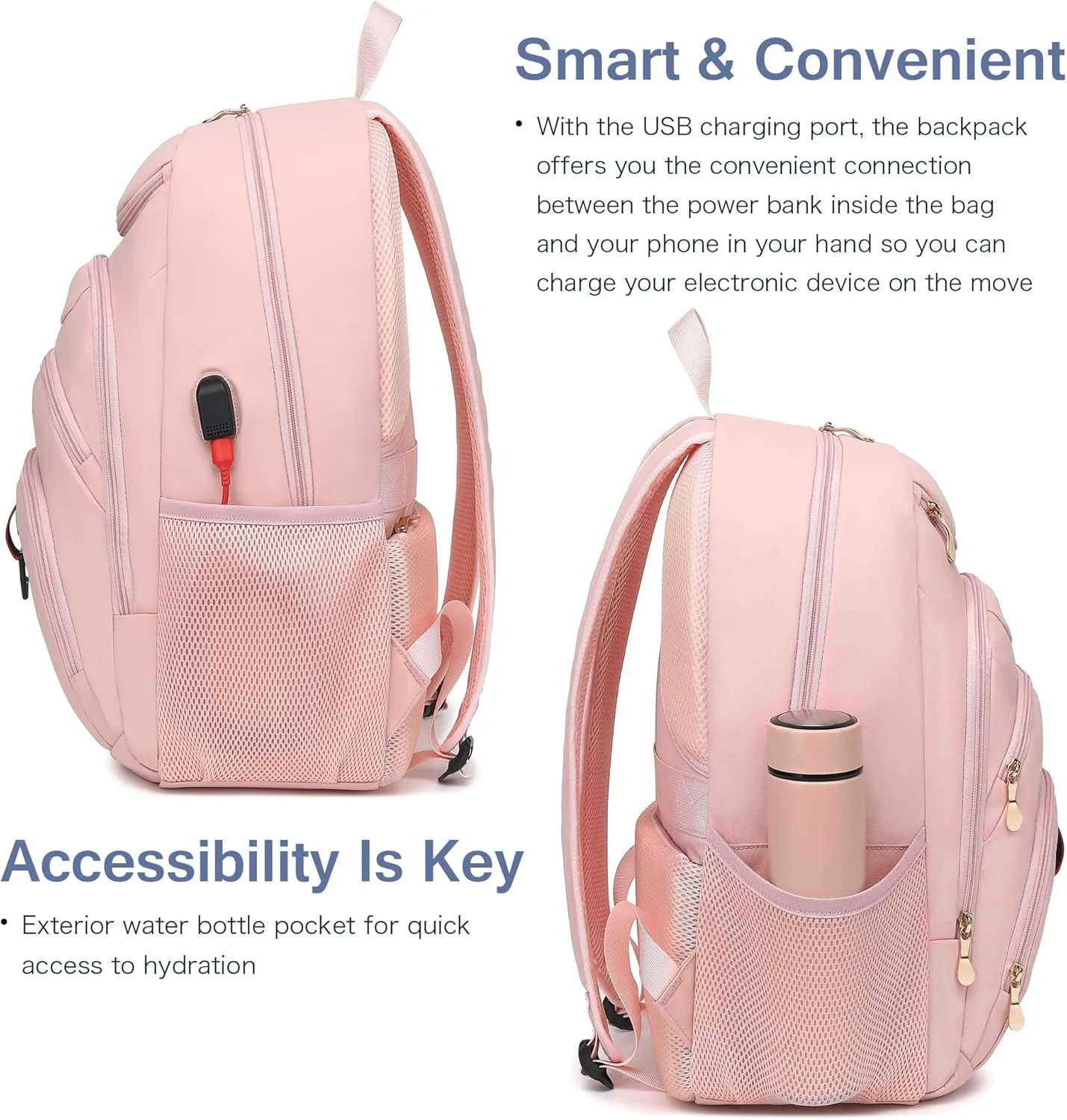 Boavan Laptop Backpack for women, 15.6 inch Laptop Bag with USB Port, Waterproof Travel Work Backpack Purse, Anti-Theft Teacher Nurse Doctor Casual Bookbags Office Business backpackPink