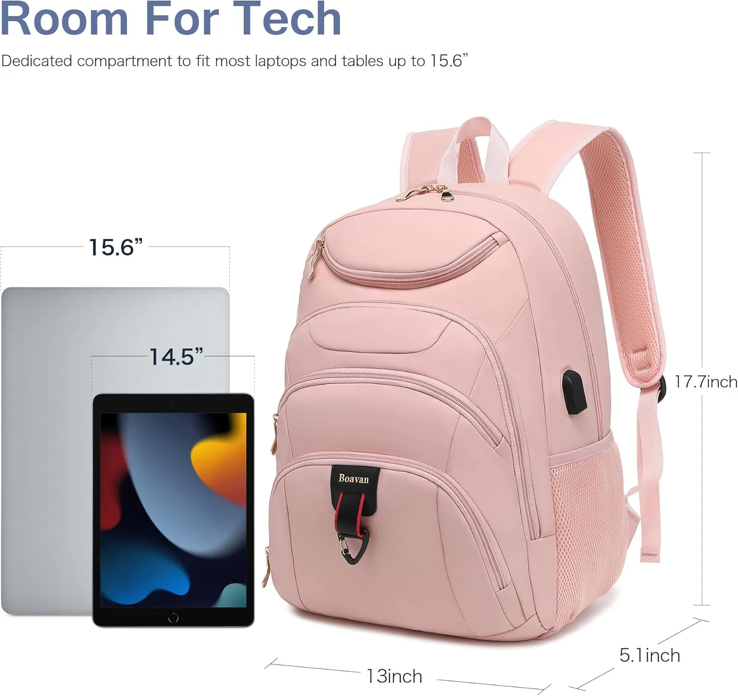 Boavan Laptop Backpack for women, 15.6 inch Laptop Bag with USB Port, Waterproof Travel Work Backpack Purse, Anti-Theft Teacher Nurse Doctor Casual Bookbags Office Business backpackPink