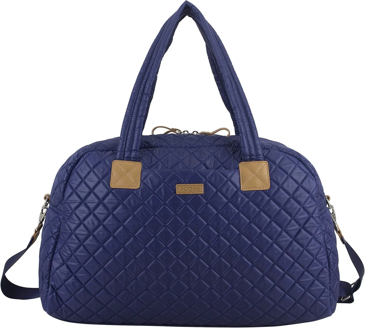BODHI Quilted Luxe Travel Weekender Purse Shoulder Bag with Trolley Sleeve and Detachable Crossbody Strap, Navy