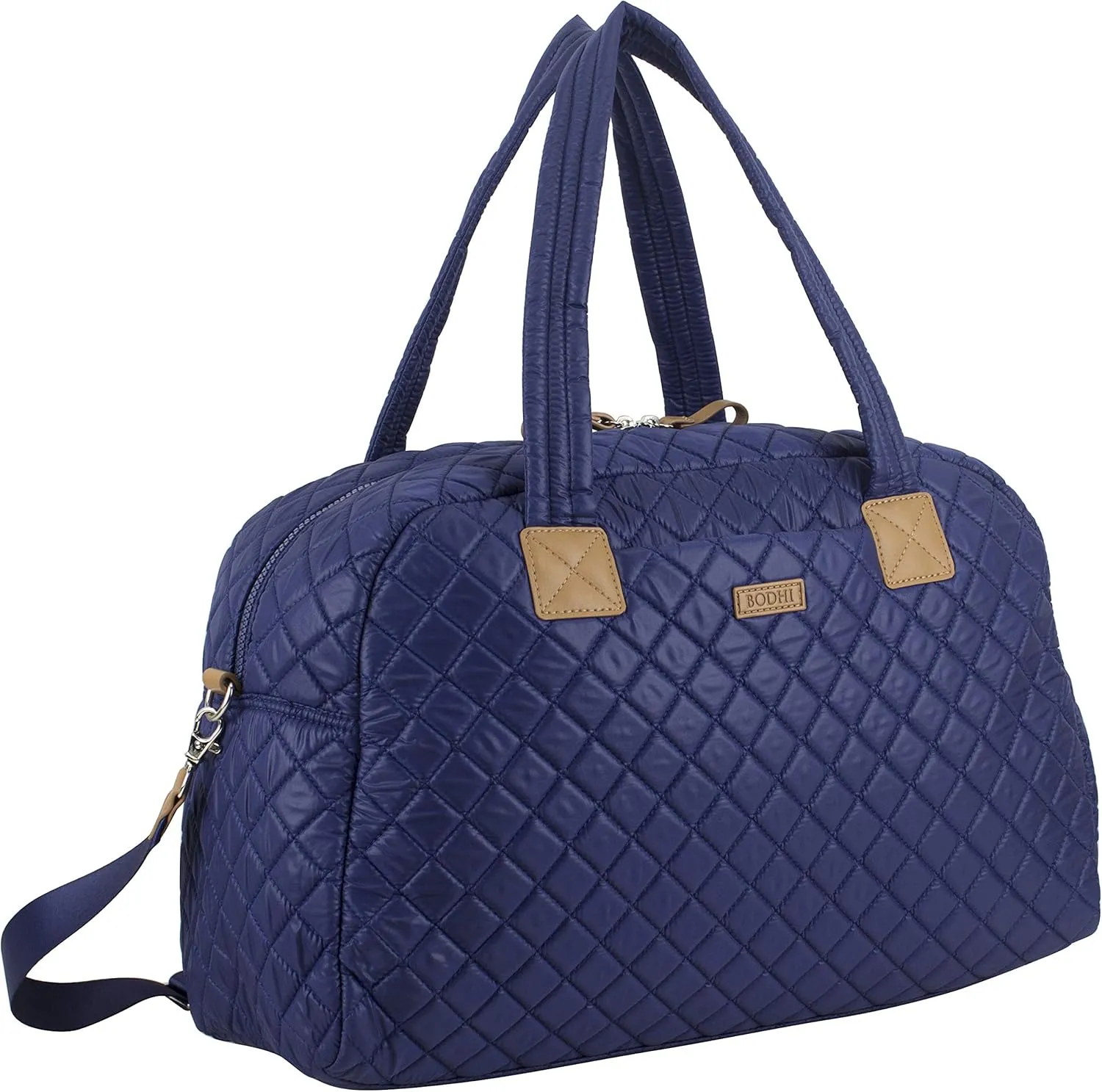 BODHI Quilted Luxe Travel Weekender Purse Shoulder Bag with Trolley Sleeve and Detachable Crossbody Strap, Navy