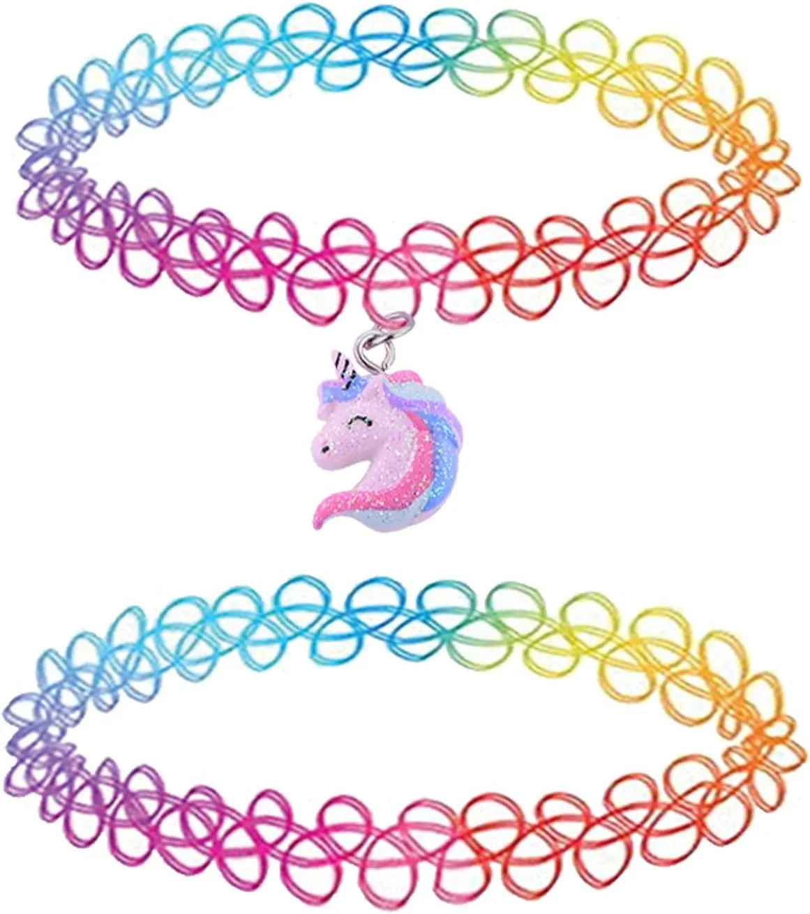 BodyJ4You 2PC Tattoo Choker Necklace - 90s Choker Necklace Women - 2000s Y2K Black Chokers Rainbow Choker - Butterfly Ying Yang Unicorn Rainbow Charms - Stretchy Elastic Necklace Summer Gift Set