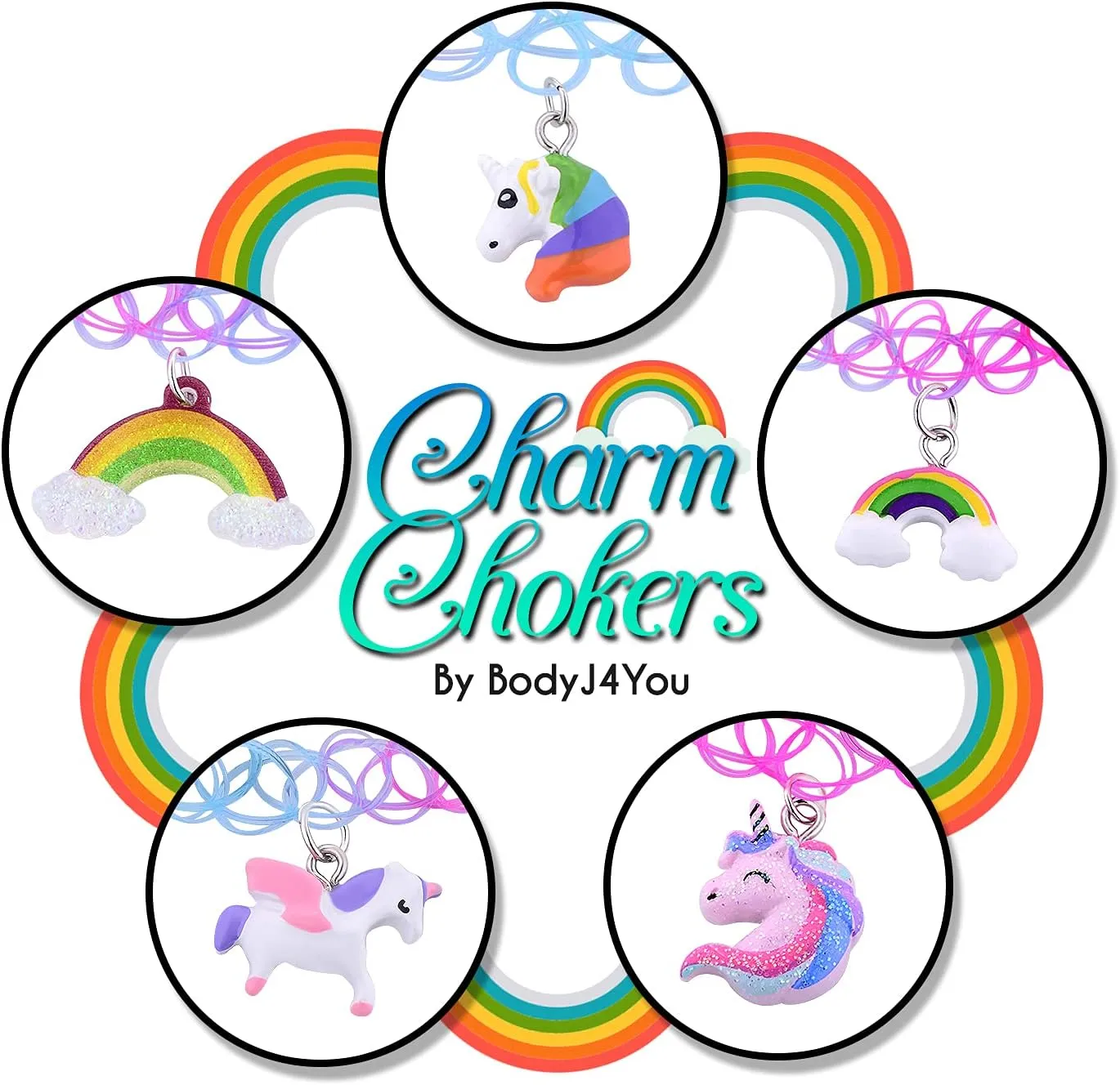 BodyJ4You 2PC Tattoo Choker Necklace - 90s Choker Necklace Women - 2000s Y2K Black Chokers Rainbow Choker - Butterfly Ying Yang Unicorn Rainbow Charms - Stretchy Elastic Necklace Summer Gift Set