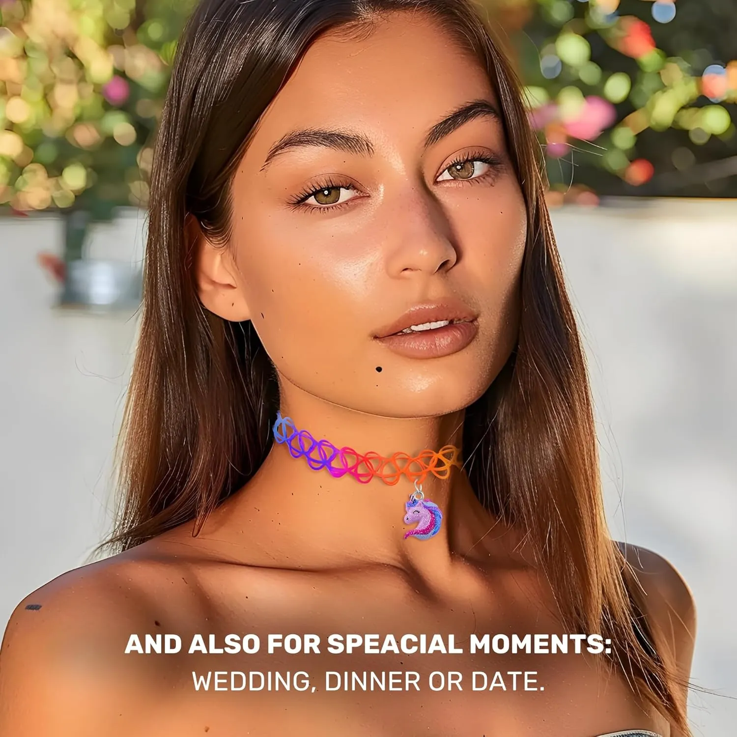 BodyJ4You 2PC Tattoo Choker Necklace - 90s Choker Necklace Women - 2000s Y2K Black Chokers Rainbow Choker - Butterfly Ying Yang Unicorn Rainbow Charms - Stretchy Elastic Necklace Summer Gift Set