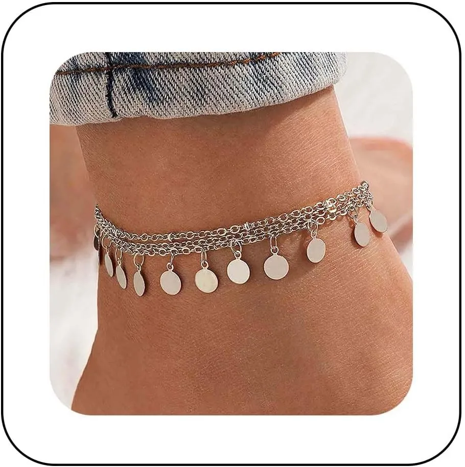 Bohemian Layered Coin Dangle Ankle Bracelet Gold Disc Ankle Chain Bracelet Layered Circle Disc Beach Anklet Chain Small Coin Foot Chain Anklet Summer Beach Foot Chain Jewelry for Women