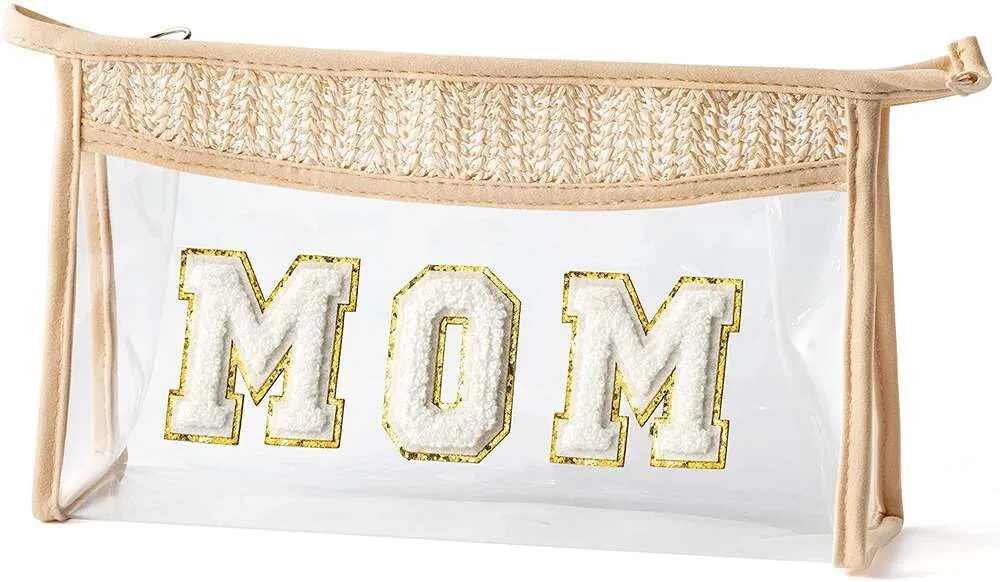 Boho Hand-woven Clear Makeup Bag, Chenille Letter Cosmetic Zipper Purse Transparent Waterproof Toiletry Bag, Rattan Straw Bag Cosmetic Sunscreen Bags, Beach accessories for Women Beige MOM
