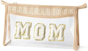Boho Hand-woven Clear Makeup Bag, Chenille Letter Cosmetic Zipper Purse Transparent Waterproof Toiletry Bag, Rattan Straw Bag Cosmetic Sunscreen Bags, Beach accessories for Women Beige MOM