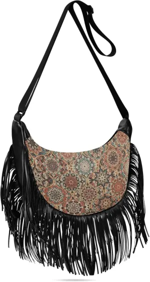 Boho Vintage Mandala Flower Fringe Bag for Women Cross Body Bag Tassel Shoulder Bag Satchel