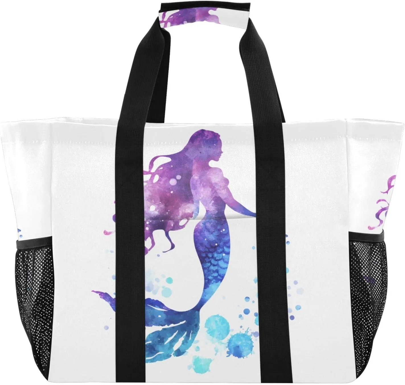 Bolaz Travel Tote BagGym Bag for Men,Waterproof Beach Bag for Women Foldable Reusable-Blue and Purple Mermaid Silhouette Watercolor
