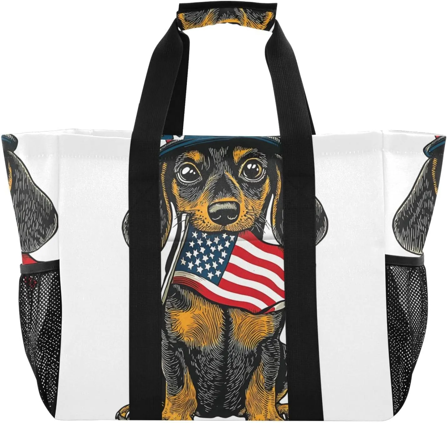 Bolaz Travel Tote BagGym Bag for Men,Waterproof Beach Bag for Women Foldable Reusable-Dog Wearing A Star Hat Holding An American Flag