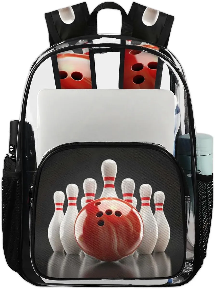 Bowling Ball Sports Theme Large Clear Backpack Heavy Duty PVC Transparent See Through Backpacks Waterproof Clear Bag for Work Travel Sport