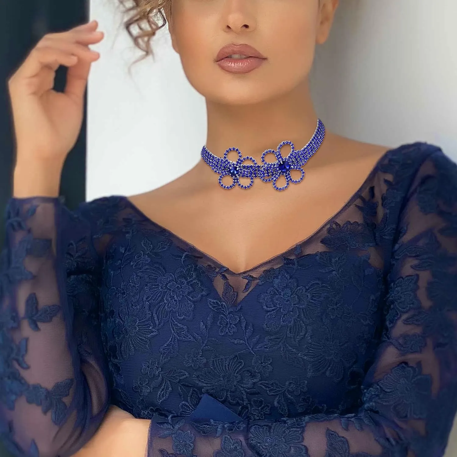 BriLove Women's Flower Collar Necklace, Double Crystal Statement Chunky Necklace Bib for Summer Beach Chokers Necklaces
