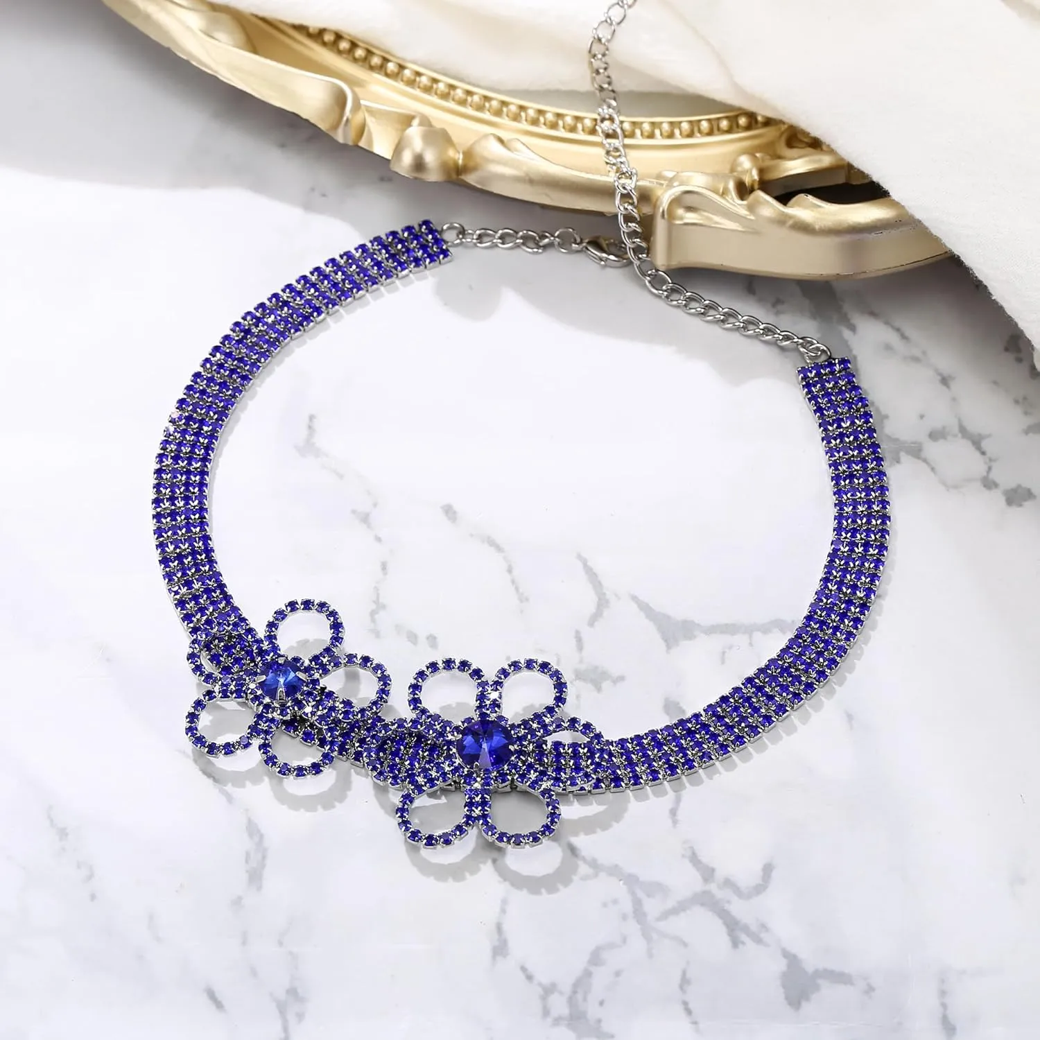 BriLove Women's Flower Collar Necklace, Double Crystal Statement Chunky Necklace Bib for Summer Beach Chokers Necklaces