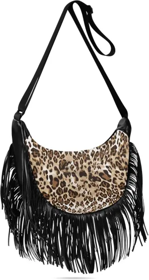 Brown Leopard Print Fringe Bag for Women Cross Body Bag Tassel Shoulder Bag Satchel