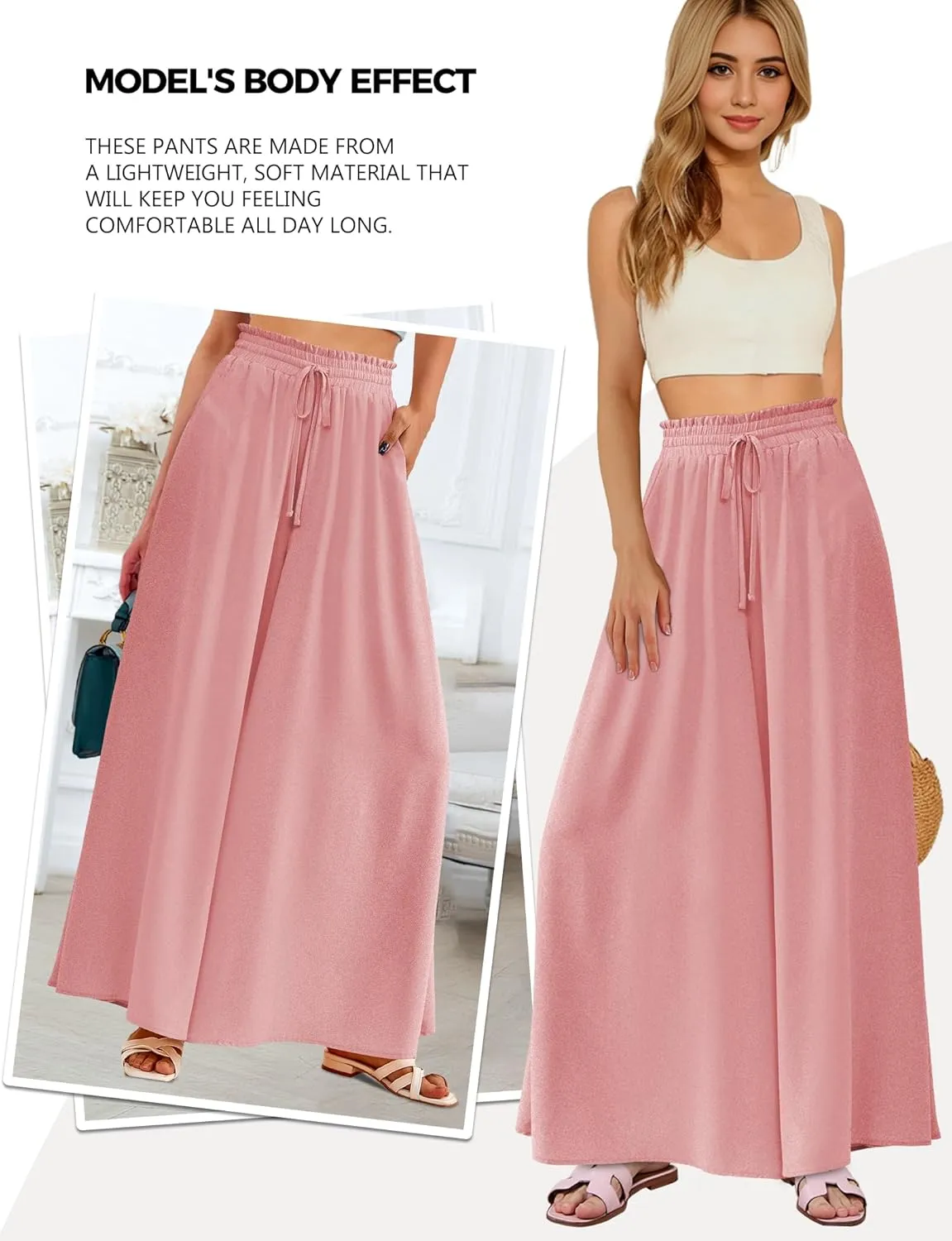Buauty Women's Wide Leg Pants High Waist Palazzo Pants Boho Flowy Dress Pants 2024 Summer Trendy Casual Lounge Beach Trousers