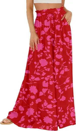 Buauty Women's Wide Leg Pants High Waist Palazzo Pants Boho Flowy Dress Pants 2024 Summer Trendy Casual Lounge Beach Trousers
