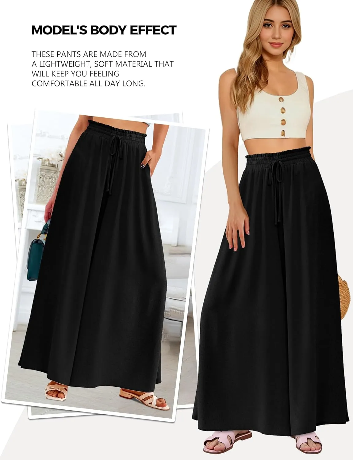 Buauty Women's Wide Leg Pants High Waist Palazzo Pants Boho Flowy Dress Pants 2024 Summer Trendy Casual Lounge Beach Trousers