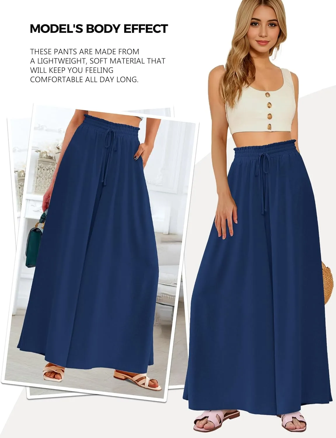 Buauty Women's Wide Leg Pants High Waist Palazzo Pants Boho Flowy Dress Pants 2024 Summer Trendy Casual Lounge Beach Trousers