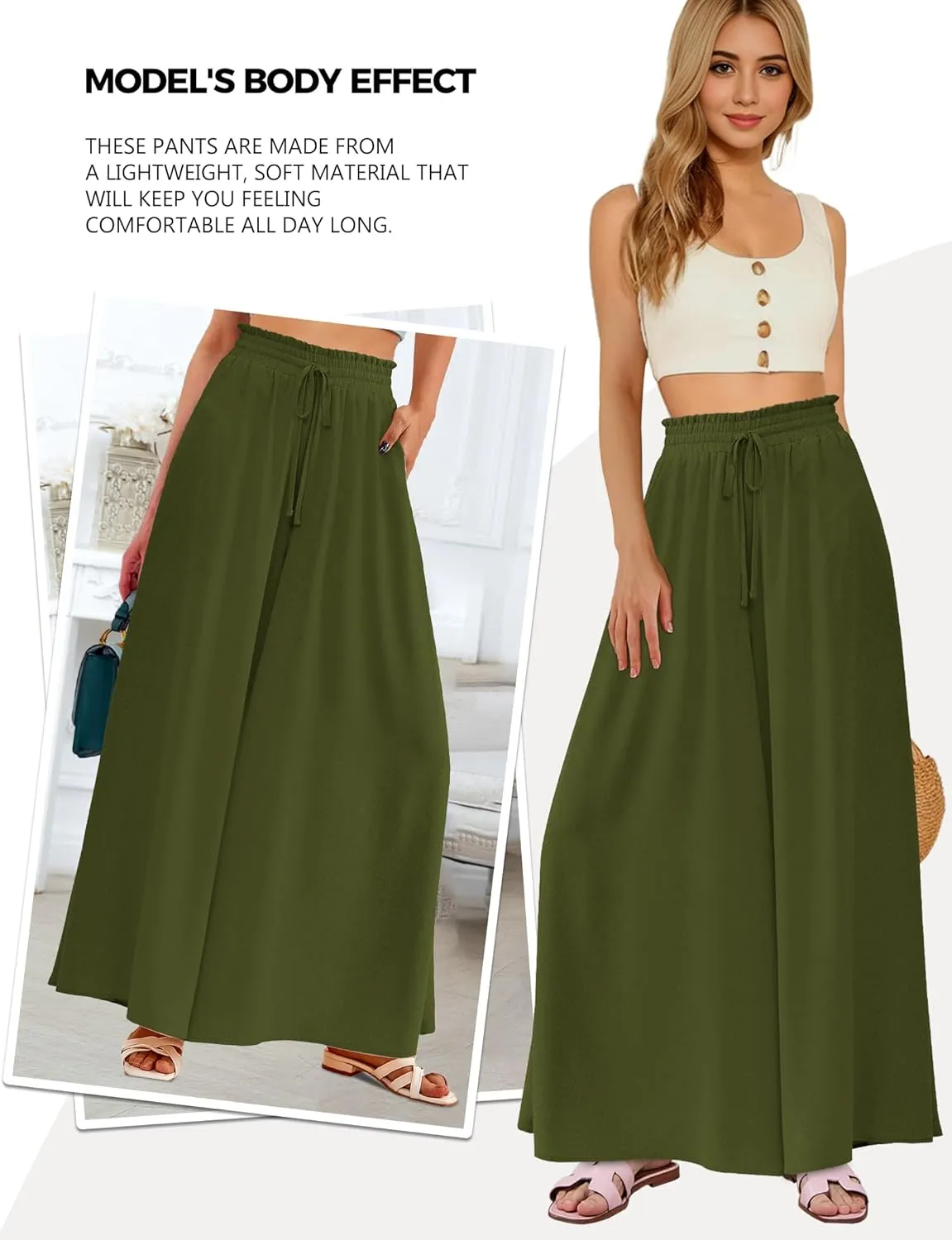Buauty Women's Wide Leg Pants High Waist Palazzo Pants Boho Flowy Dress Pants 2024 Summer Trendy Casual Lounge Beach Trousers