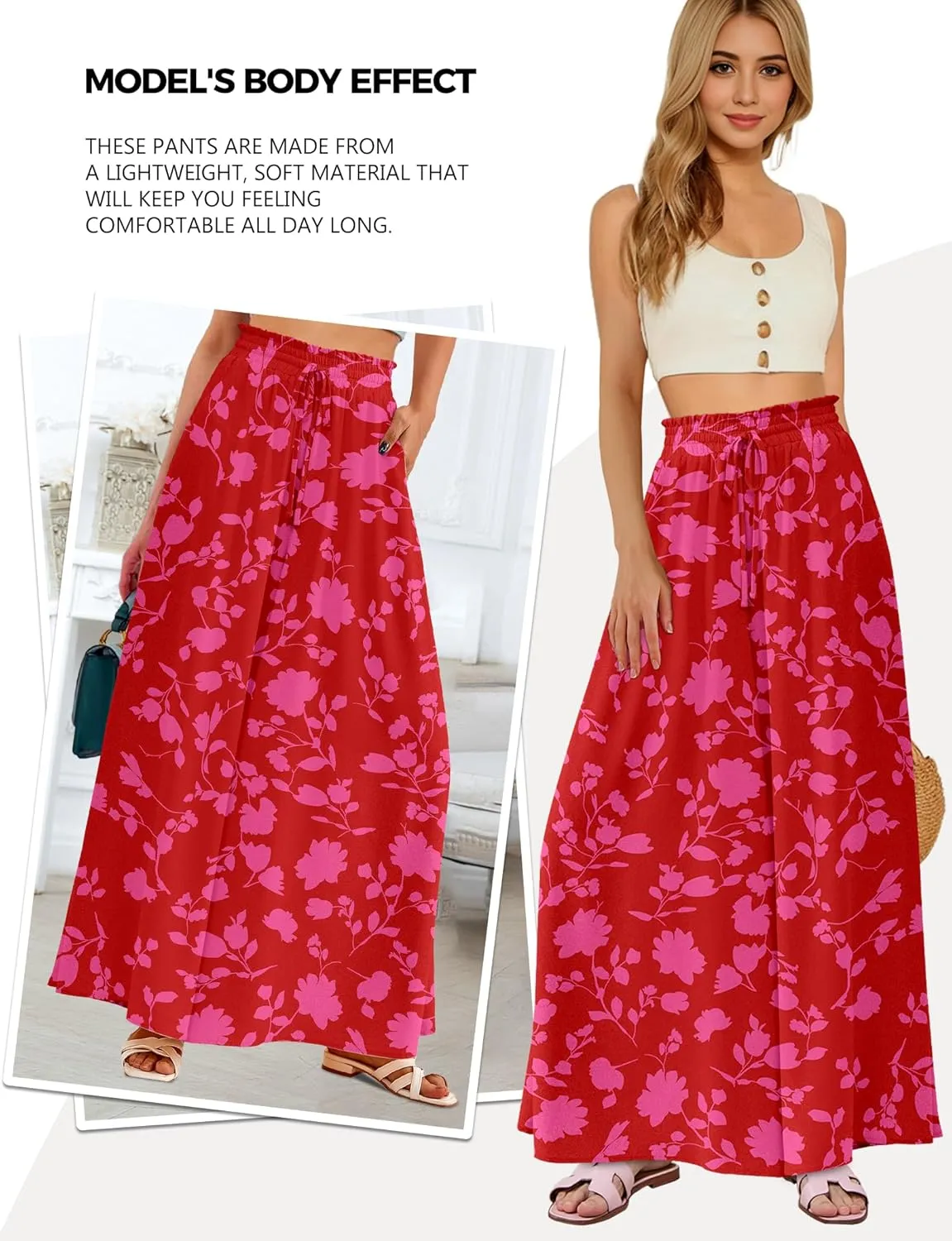 Buauty Women's Wide Leg Pants High Waist Palazzo Pants Boho Flowy Dress Pants 2024 Summer Trendy Casual Lounge Beach Trousers