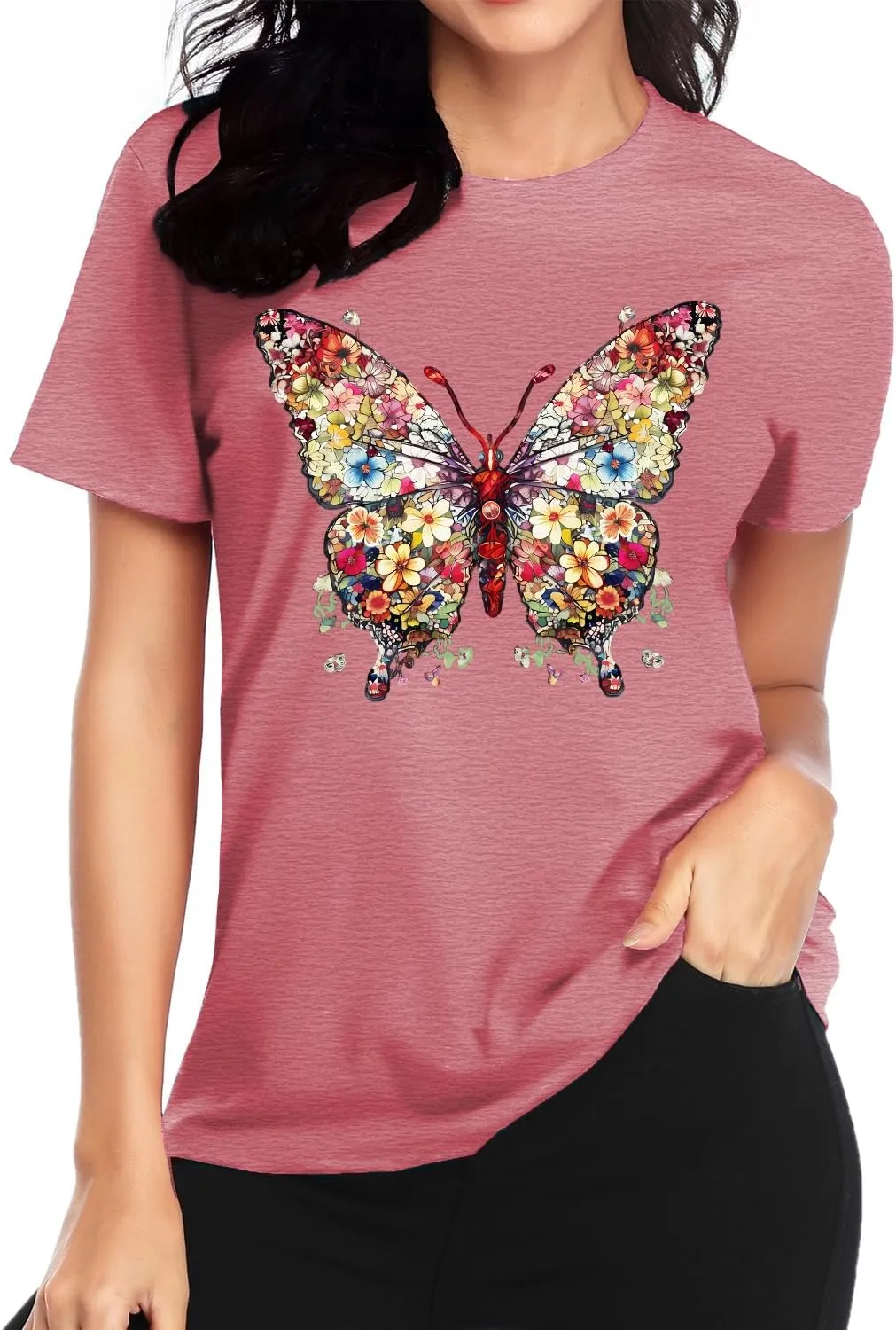 Butterfly T-Shirts for Women Butterflys Flowers Print Shirts Insect Lover Casual Short Sleeved Tops