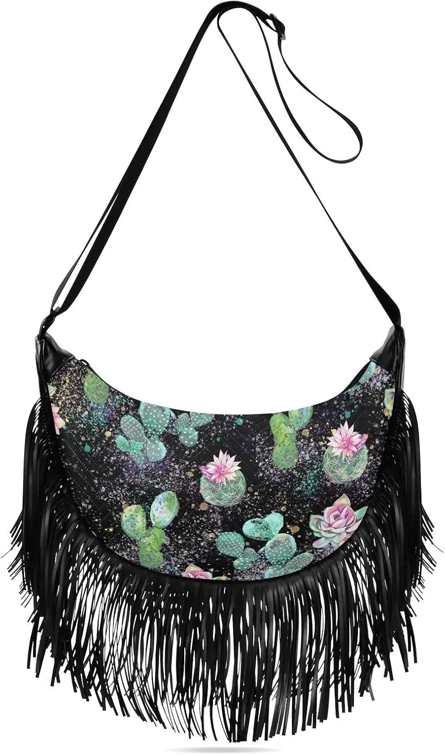 Cactus with Flowers Fringe Bag for Women Cross Body Bag Tassel Shoulder Bag Satchel