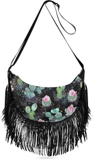 Cactus with Flowers Fringe Bag for Women Cross Body Bag Tassel Shoulder Bag Satchel