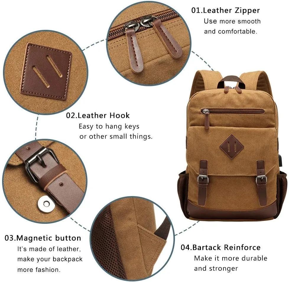 Canvas Backpack for Men Women, Vintage Rucksack Fits Most 15.6 Inch Laptop, Bookbag with USB Charging Port, Brown