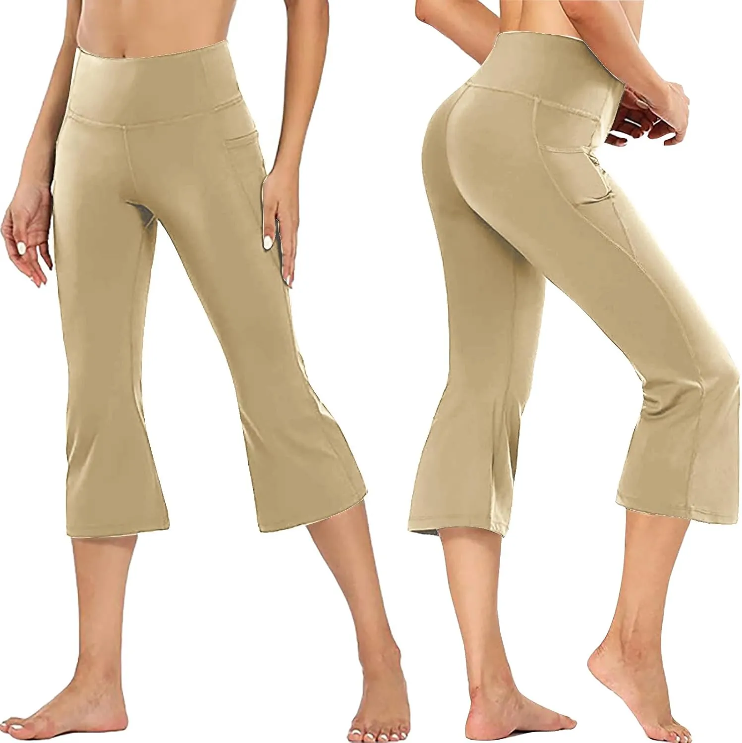 Capri Pants for Women High Waist Wide Leg Workout Yoga Pants Tummy Control Solid Color Stretch Trousers with Pockets