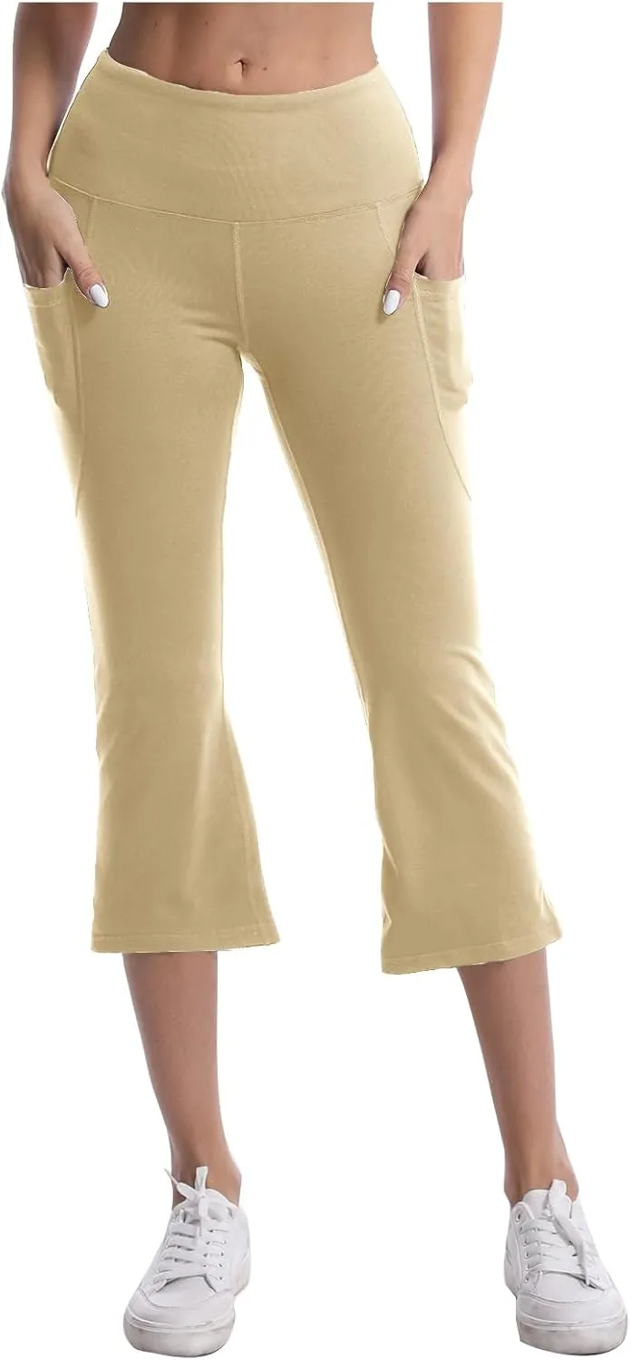Capri Pants for Women High Waist Wide Leg Workout Yoga Pants Tummy Control Solid Color Stretch Trousers with Pockets