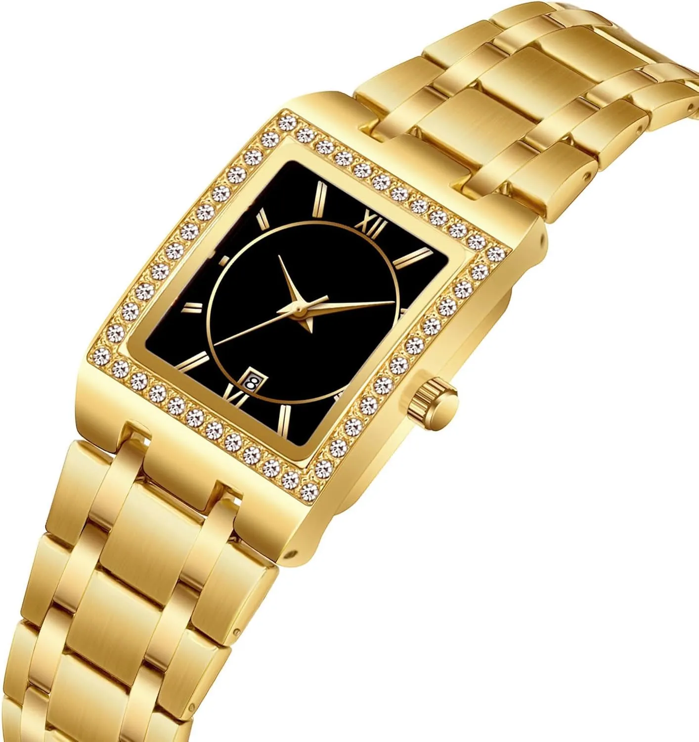 CARLIEN Women's Luxury Stainless Steel Bracelet Watches Ladies Diamonds Bezel Square Waterproof Calendar Analog Quartz Wrist Watch