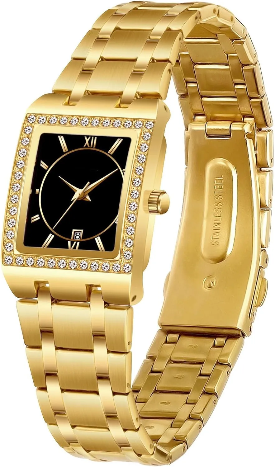 CARLIEN Women's Luxury Stainless Steel Bracelet Watches Ladies Diamonds Bezel Square Waterproof Calendar Analog Quartz Wrist Watch