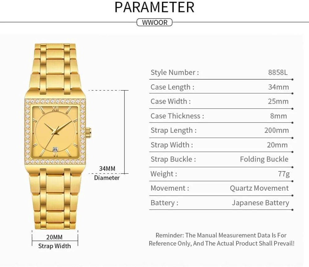 CARLIEN Women's Luxury Stainless Steel Bracelet Watches Ladies Diamonds Bezel Square Waterproof Calendar Analog Quartz Wrist Watch