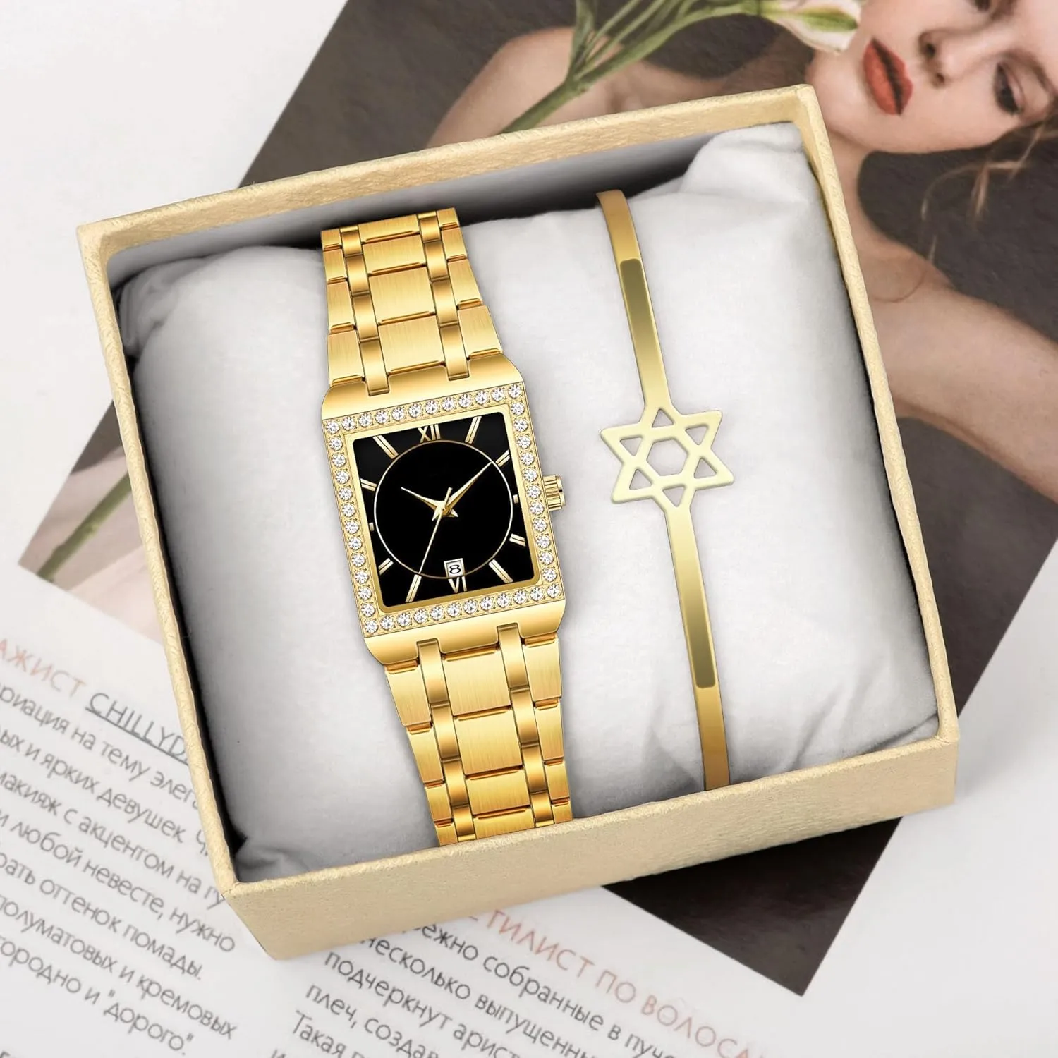 CARLIEN Women's Luxury Stainless Steel Bracelet Watches Ladies Diamonds Bezel Square Waterproof Calendar Analog Quartz Wrist Watch